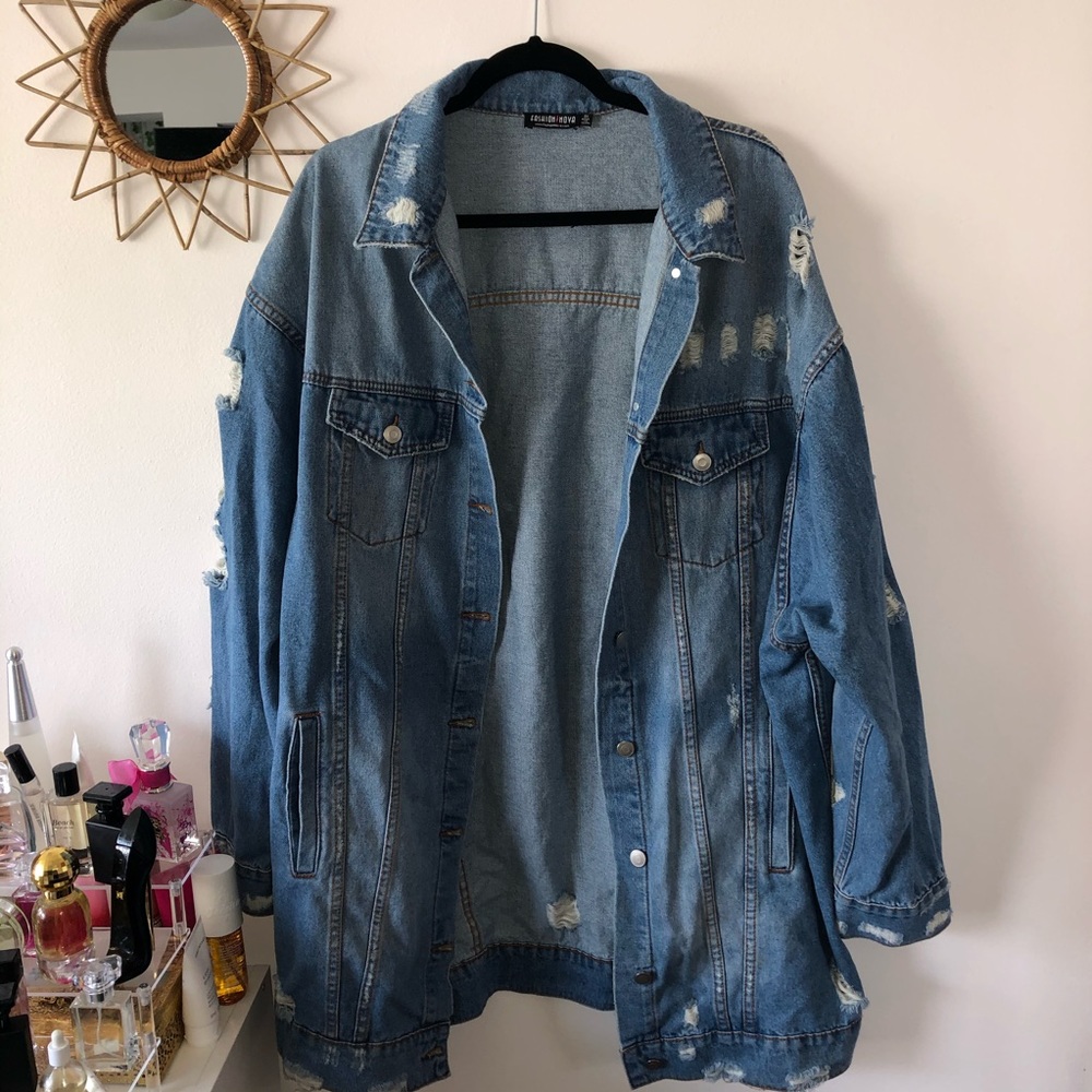 Plus Size Long Distressed Jean Jacket